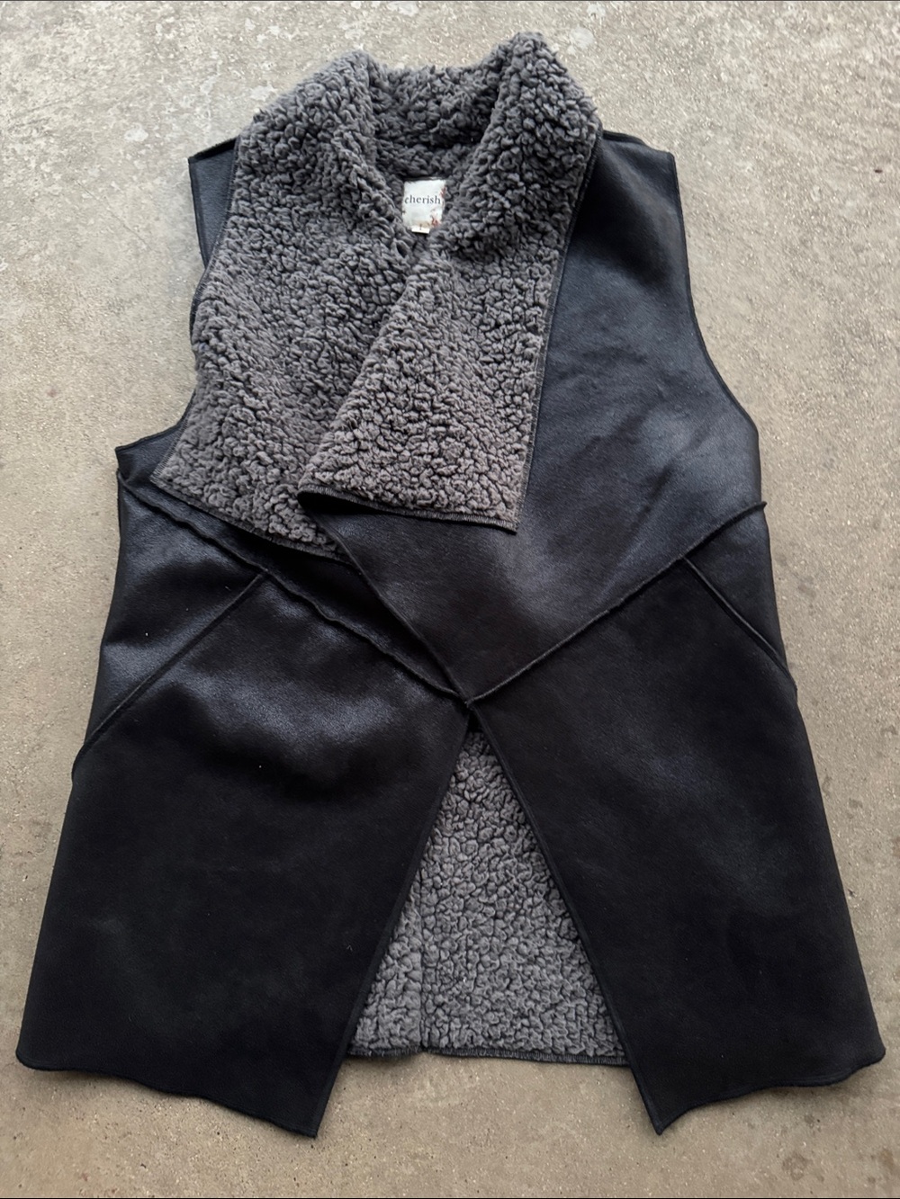 Cherish Faux Suede & Shearling Draped Vest | Black Grey Sherpa Open Front Large